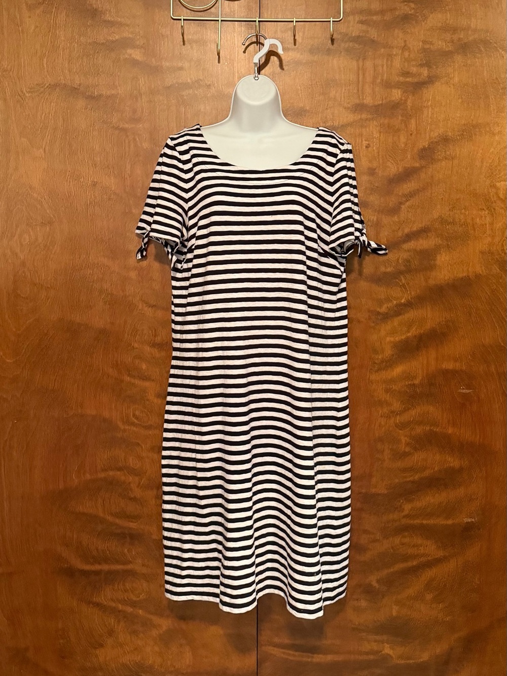 Talbots Short Tie Sleeve Shift Dress Womens L White & Navy Stripes 100% Cotton